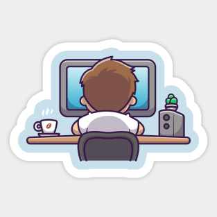 Cute Man Working On Computer With Coffee Cartoon Sticker